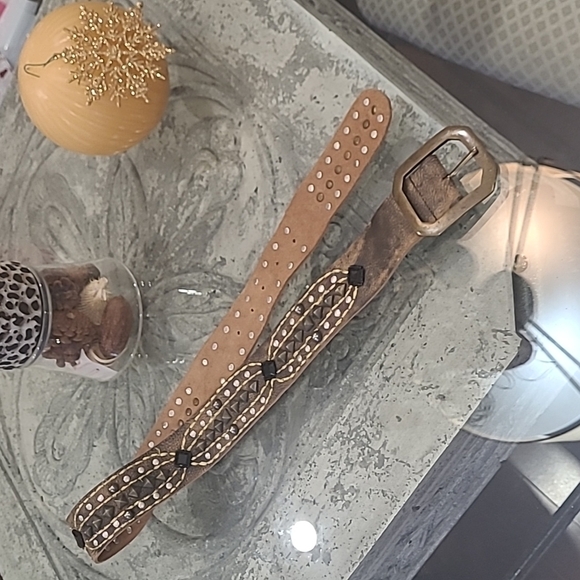 Betsey JOHNSTON BEADED STUDDED WIDE BROWN LEATHER NEW BELT MEDIUM - Picture 2 of 6